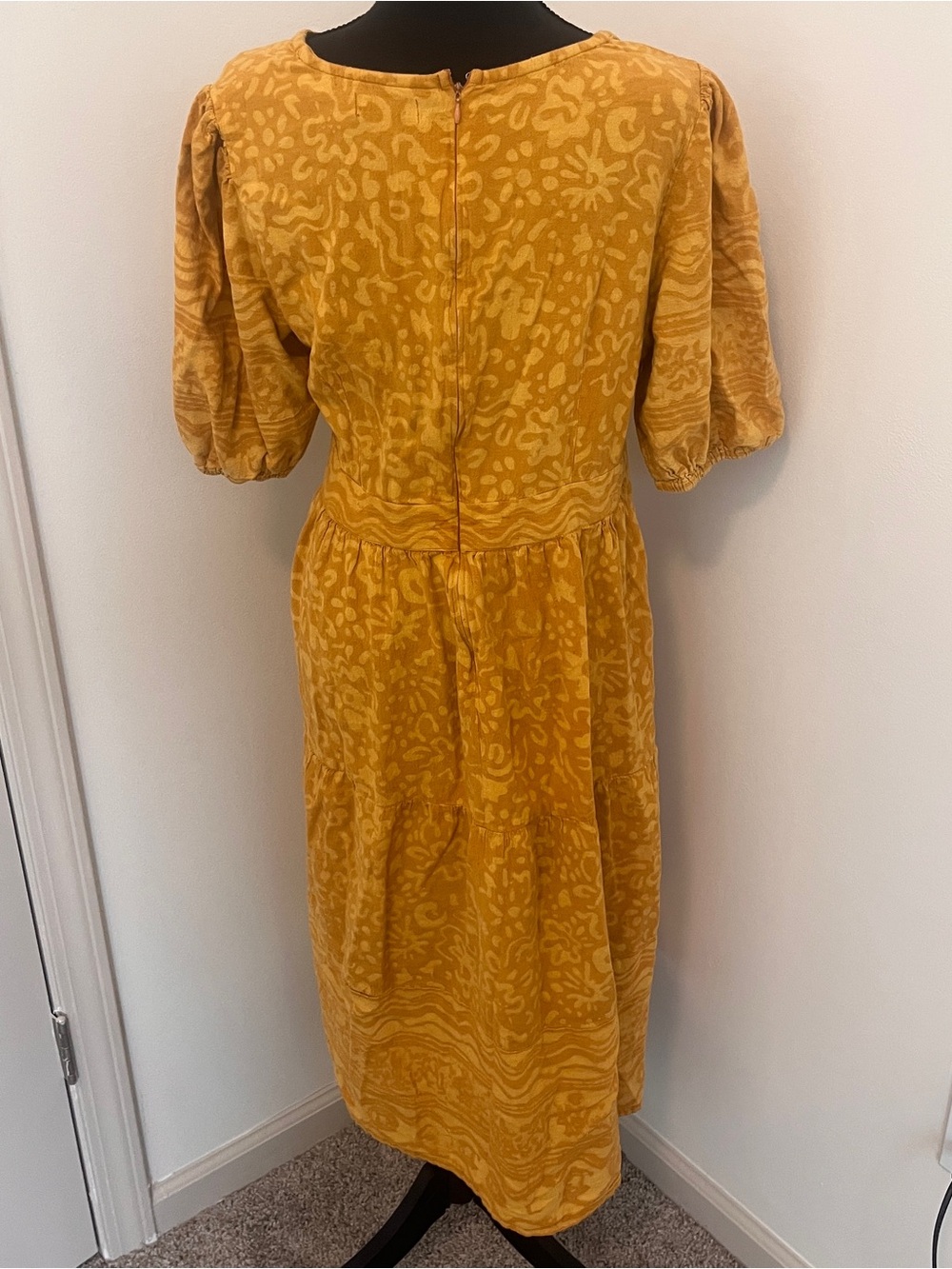 FabNu Mustard Yellow Cutout Midi Dress Puff Sleeve Boho Cottagecore Large Artsy - Picture 3 of 9